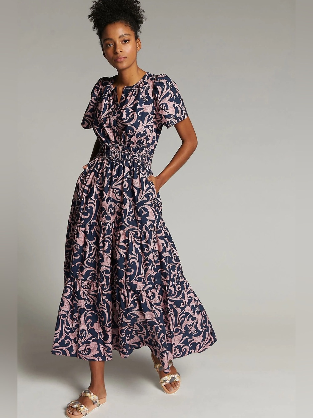 Anthropologie Somerset Maxi Dress XSP Navy Pink Paisley Smocked Tiered